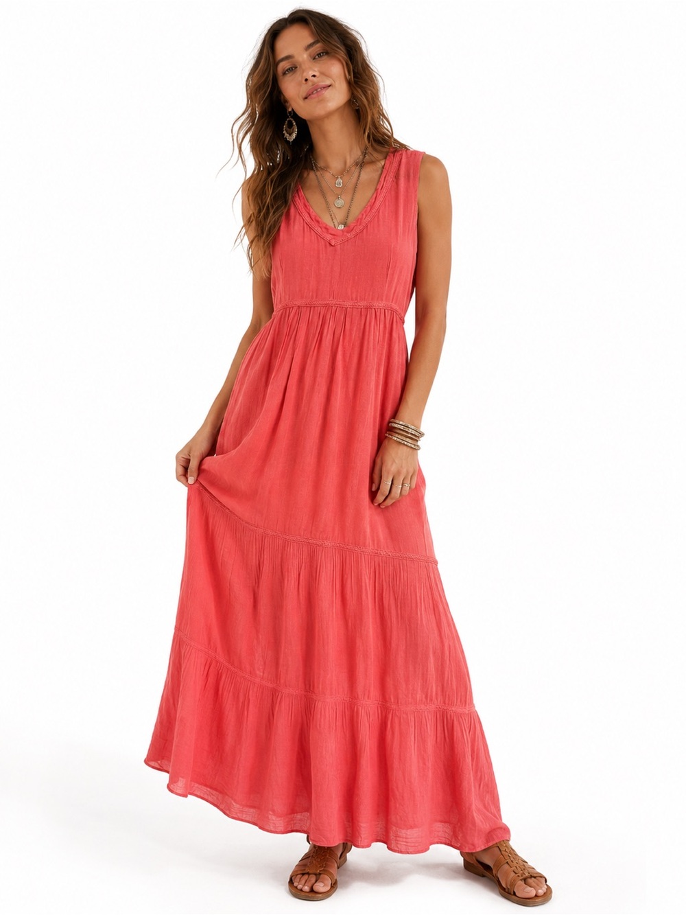 Boho Lagenlook 100% Linen Tiered Maxi Dress Coastal Comfort Breathable Coral